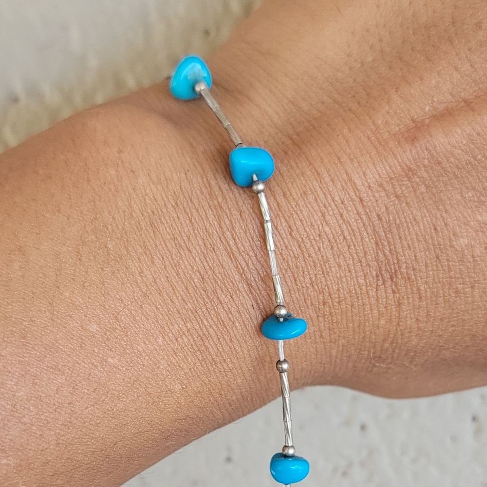 Vintage Native American handmade turquoise nuggets liquid silver bracelet